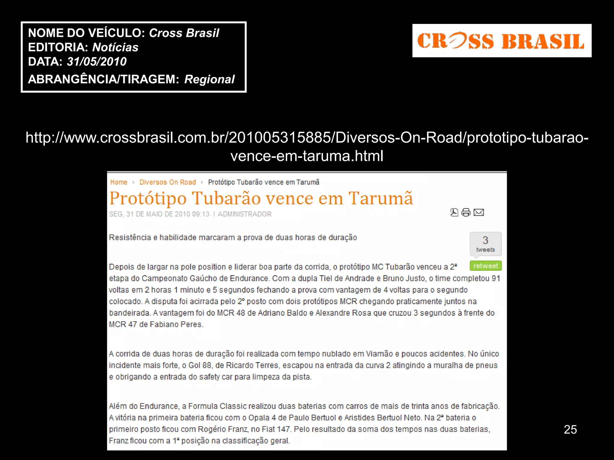 NOME DO VEÍCULO: Cross Brasil
EDITORIA: Notícias
DATA: 31/05/2010
ABRANGÊNCIA/TIRAGEM: Regional



http://www.crossbrasil.com.br/201005315885/Diversos-On-Road/prototipo-tubarao-
                              vence-em-taruma.html




                                                                          25
 