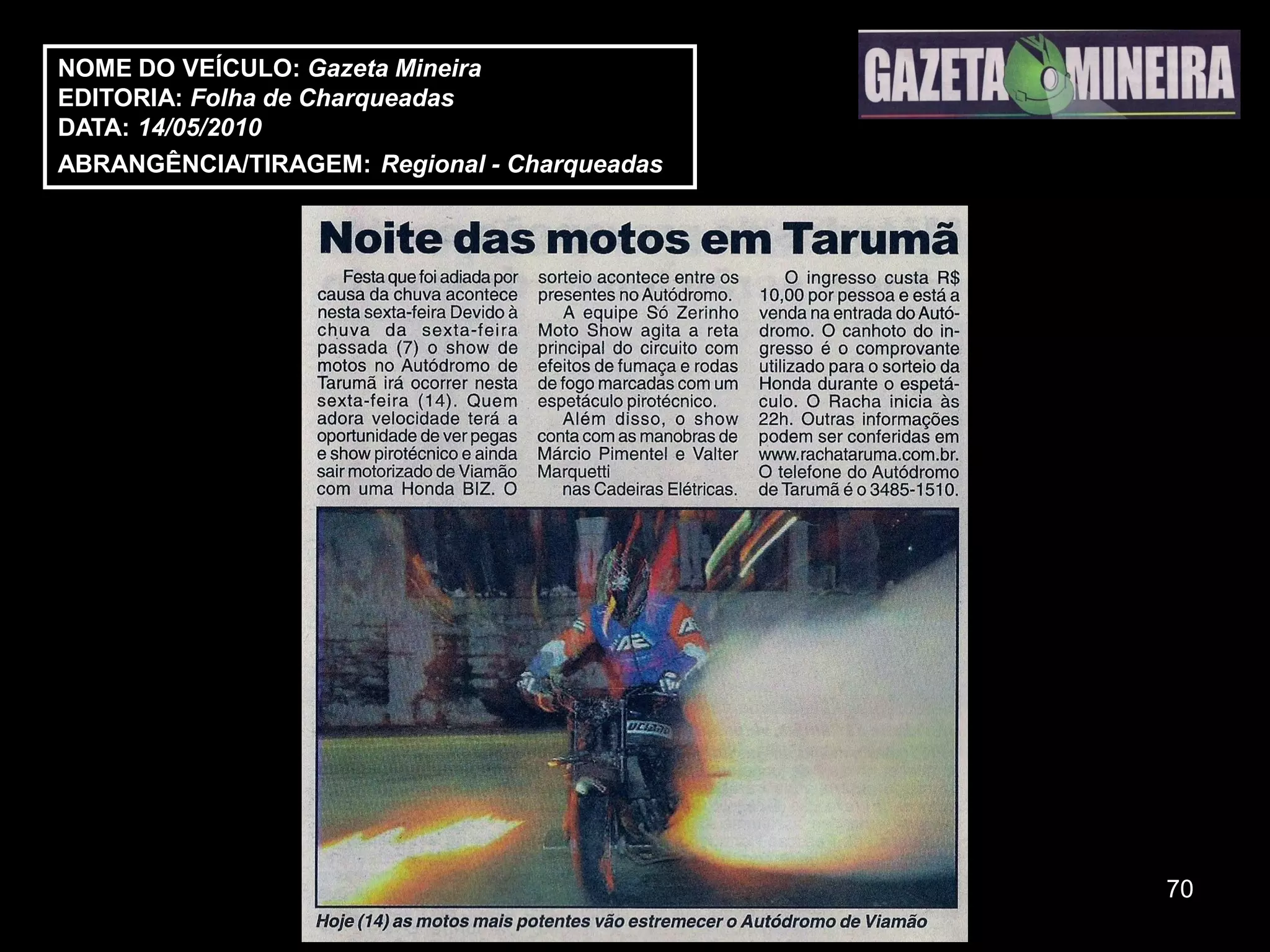 NOME DO VEÍCULO: Gazeta Mineira
EDITORIA: Folha de Charqueadas
DATA: 14/05/2010
ABRANGÊNCIA/TIRAGEM: Regional - Charqueadas




                                              70
 
