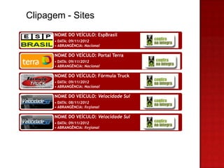 Clipagem - Sites
      NOME DO VEÍCULO: EspBrasil
      • DATA: 09/11/2012
      • ABRANGÊNCIA: Nacional

      NOME DO VEÍCULO: Portal Terra
      • DATA: 09/11/2012
      • ABRANGÊNCIA: Nacional

      NOME DO VEÍCULO: Fórmula Truck
      • DATA: 09/11/2012
      • ABRANGÊNCIA: Nacional

      NOME DO VEÍCULO: Velocidade Sul
      • DATA: 08/11/2012
      • ABRANGÊNCIA: Regional

      NOME DO VEÍCULO: Velocidade Sul
      • DATA: 09/11/2012
      • ABRANGÊNCIA: Regional
 