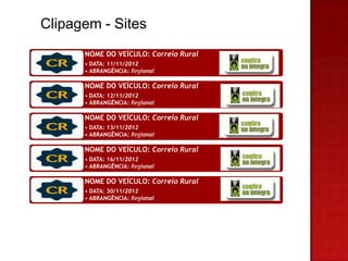 Clipagem - Sites
      NOME DO VEÍCULO: Correio Rural
      • DATA: 11/11/2012
      • ABRANGÊNCIA: Regional

      NOME DO VEÍCULO: Correio Rural
      • DATA: 12/11/2012
      • ABRANGÊNCIA: Regional

      NOME DO VEÍCULO: Correio Rural
      • DATA: 13/11/2012
      • ABRANGÊNCIA: Regional

      NOME DO VEÍCULO: Correio Rural
      • DATA: 16/11/2012
      • ABRANGÊNCIA: Regional

      NOME DO VEÍCULO: Correio Rural
      • DATA: 30/11/2012
      • ABRANGÊNCIA: Regional
 