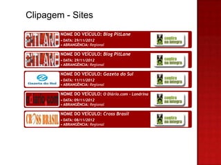 Clipagem - Sites
        NOME DO VEÍCULO: Blog PitLane
        • DATA: 29/11/2012
        • ABRANGÊNCIA: Regional

        NOME DO VEÍCULO: Blog PitLane
        • DATA: 29/11/2012
        • ABRANGÊNCIA: Regional

        NOME DO VEÍCULO: Gazeta do Sul
        • DATA: 11/11/2012
        • ABRANGÊNCIA: Regional

        NOME DO VEÍCULO: O Diário.com - Londrina
        • DATA: 09/11/2012
        • ABRANGÊNCIA: Regional

        NOME DO VEÍCULO: Cross Brasil
        • DATA: 08/11/2012
        • ABRANGÊNCIA: Regional
 