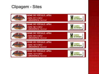 Clipagem - Sites
        NOME DO VEÍCULO: APKA
        • DATA: 07/11/2012
        • ABRANGÊNCIA: Nacional

        NOME DO VEÍCULO: APKA
        • DATA: 08/11/2012
        • ABRANGÊNCIA: Nacional

        NOME DO VEÍCULO: APKA
        • DATA: 09/11/2012
        • ABRANGÊNCIA: Nacional

        NOME DO VEÍCULO: APKA
        • DATA: 10/11/2012
        • ABRANGÊNCIA: Nacional

        NOME DO VEÍCULO: APKA
        • DATA: 12/11/2012
        • ABRANGÊNCIA: Nacional
 