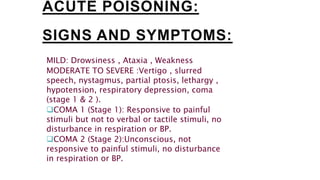 ACUTE POISONING:
SIGNS AND SYMPTOMS:
MILD: Drowsiness , Ataxia , Weakness
MODERATE TO SEVERE :Vertigo , slurred
speech, nystagmus, partial ptosis, lethargy ,
hypotension, respiratory depression, coma
(stage 1 & 2 ).
COMA 1 (Stage 1): Responsive to painful
stimuli but not to verbal or tactile stimuli, no
disturbance in respiration or BP.
COMA 2 (Stage 2):Unconscious, not
responsive to painful stimuli, no disturbance
in respiration or BP.
 