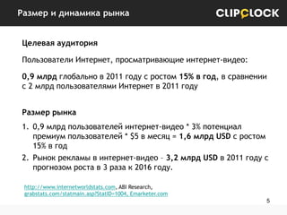 Размер и динамика рынка
Целевая аудитория
Пользователи Интернет, просматривающие интернет-видео:
0,9 млрд глобально в 2011 году с ростом 15% в год, в сравнении
с 2 млрд пользователями Интернет в 2011 году
Размер рынка

1. 0,9 млрд пользователей интернет-видео * 3% потенциал
премиум пользователей * $5 в месяц = 1,6 млрд USD с ростом
15% в год
2. Рынок рекламы в интернет-видео – 3,2 млрд USD в 2011 году с
прогнозом роста в 3 раза к 2016 году.
http://www.internetworldstats.com, ABI Research,
grabstats.com/statmain.asp?StatID=1004, Emarketer.com
5

 