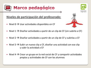 Niveles de participación del profesorado: 
Nivel 0  Usar actividades disponibles en CF 
Nivel 1  Diseñar actividades a partir de un clip de CF (sin subirlo a CF) 
Nivel 2  Diseñar actividades a partir de un clip de CF y subirlas a CF 
Nivel 3  Subir un nuevo clip a CF, diseñar una actividad con ese clip y subir la actividad a CF 
Nivel 4  Crear un grupo en la red social de CF y compartir actividades propias y actividades de CF con los alumnos  