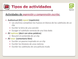 Actividades de expresión y comprensión escrita: 
Audiovisual (AV) repeat (repetición) 
Los alumnos completan los huecos en blanco de los subtítulos de un clip 
Escribir la letra de una canción 
Escoger el subtítulo correcto de una lista dada 
AV rephrase (decir con otras palabras) 
Resumir el contenido de un clip 
AV react (comentario libre) 
Escribir un poema inspirado en un clip 
Escribir los titulares de unas noticias 
Escribir los subtítulos de una película muda  