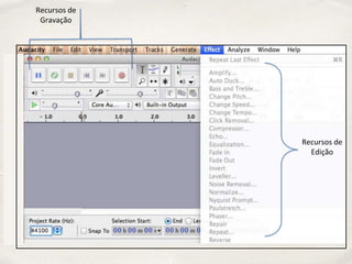 Recursos de
Edição
Recursos de
Gravação
 
