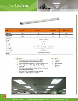 Model IPL/TL T8 4 IPL/TL T8 2 IPL/TL T5 4 IPL/TL T5 2
Power (W) 18W 9W 14W 7W
Light Output
(Lumens)
1800 lm 900 lm 1400 lm 700 lm
Operating
Voltage
12V DC / 220V AC
Efficiency >85%
IP Rating IP 20
LED Make Edison / OSRAM / Samsung / Philips Lumileds
Emitting Color Warm White, Neutral White, Cool White
Diffuser Option Milky / Clear
Secondary
Optics
UV resistant polycarbonate
 