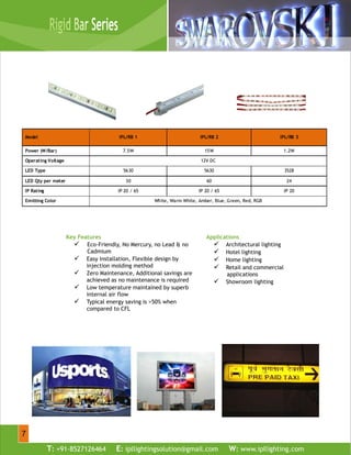Model IPL/RB 1 IPL/RB 2 IPL/RB 3
Power (W/Bar) 7.5W 15W 1.2W
Operating Voltage 12V DC
LED Type 5630 5630 3528
LED Qty per meter 30 60 24
IP Rating IP 20 / 65 IP 20 / 65 IP 20
Emitting Color White, Warm White, Amber, Blue, Green, Red, RGB
 
