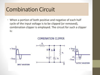 Combination Circuit
• When a portion of both positive and negative of each half
cycle of the input voltage is to be clipped (or removed),
combination clipper is employed. The circuit for such a clipper
is:
 