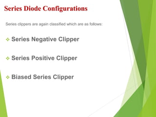 Series Diode Configurations
Series clippers are again classified which are as follows:
 Series Negative Clipper
 Series Positive Clipper
 Biased Series Clipper
 