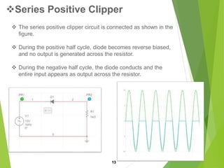 Series Positive Clipper
13
 The series positive clipper circuit is connected as shown in the
figure.
 During the positive half cycle, diode becomes reverse biased,
and no output is generated across the resistor.
 During the negative half cycle, the diode conducts and the
entire input appears as output across the resistor.
 