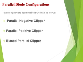 Parallel Diode Configurations
Parallel clippers are again classified which are as follows:
 Parallel Negative Clipper
 Parallel Positive Clipper
 Biased Parallel Clipper
 