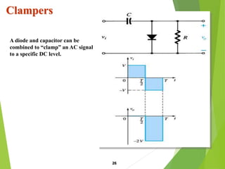 Clampers
26
A diode and capacitor can be
combined to “clamp” an AC signal
to a specific DC level.
 
