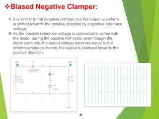 Biased Negative Clamper:
31
 It is similar to the negative clamper, but the output waveform
is shifted towards the positive direction by a positive reference
voltage.
 As the positive reference voltage is connected in series with
the diode, during the positive half cycle, even though the
diode conducts, the output voltage becomes equal to the
reference voltage; hence, the output is clamped towards the
positive direction.
 