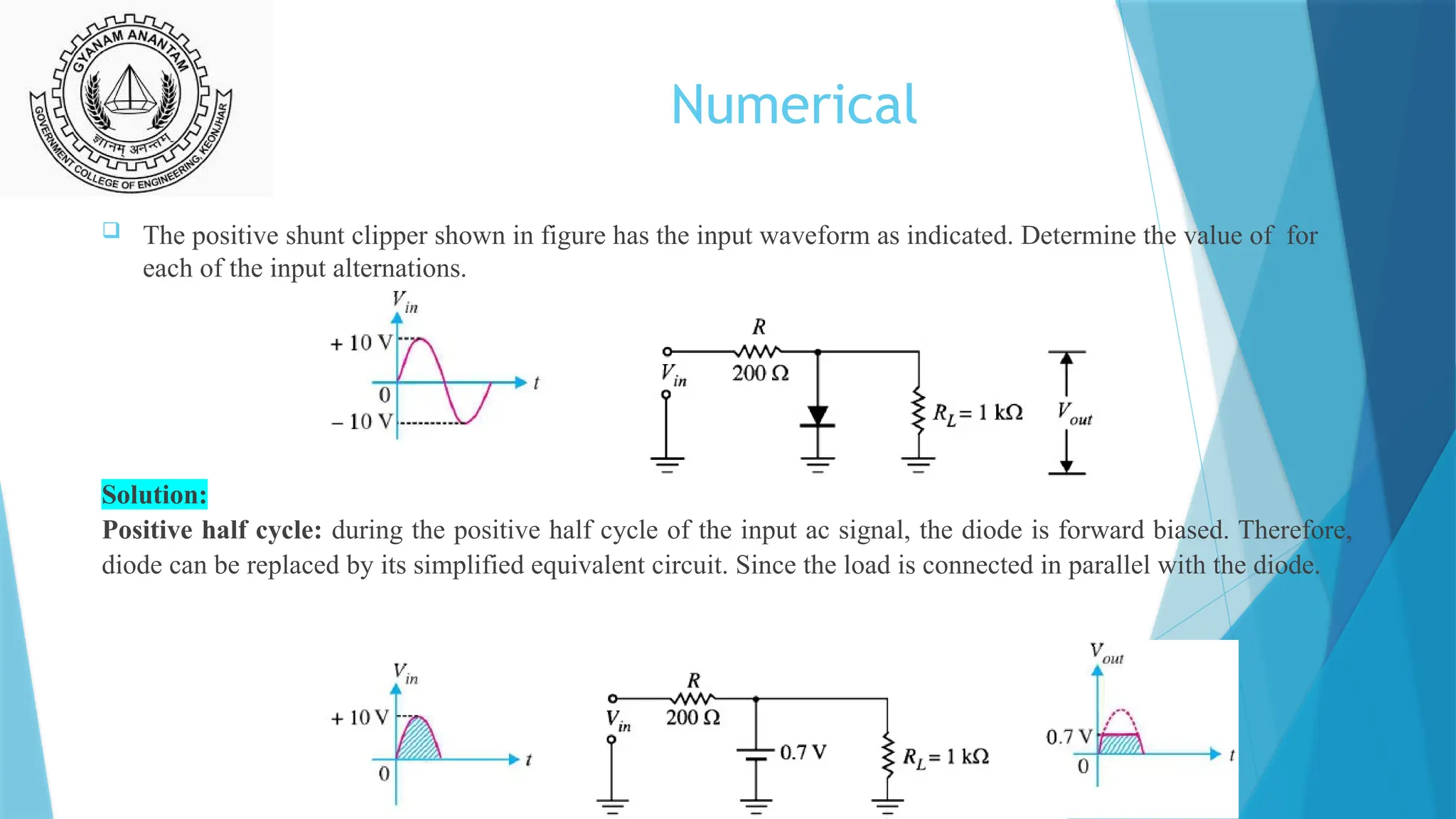 Numerical
 The positive shunt clipper shown in figure has the input waveform as indicated. Determine the value of for
each of the input alternations.
Solution:
Positive half cycle: during the positive half cycle of the input ac signal, the diode is forward biased. Therefore,
diode can be replaced by its simplified equivalent circuit. Since the load is connected in parallel with the diode.
 