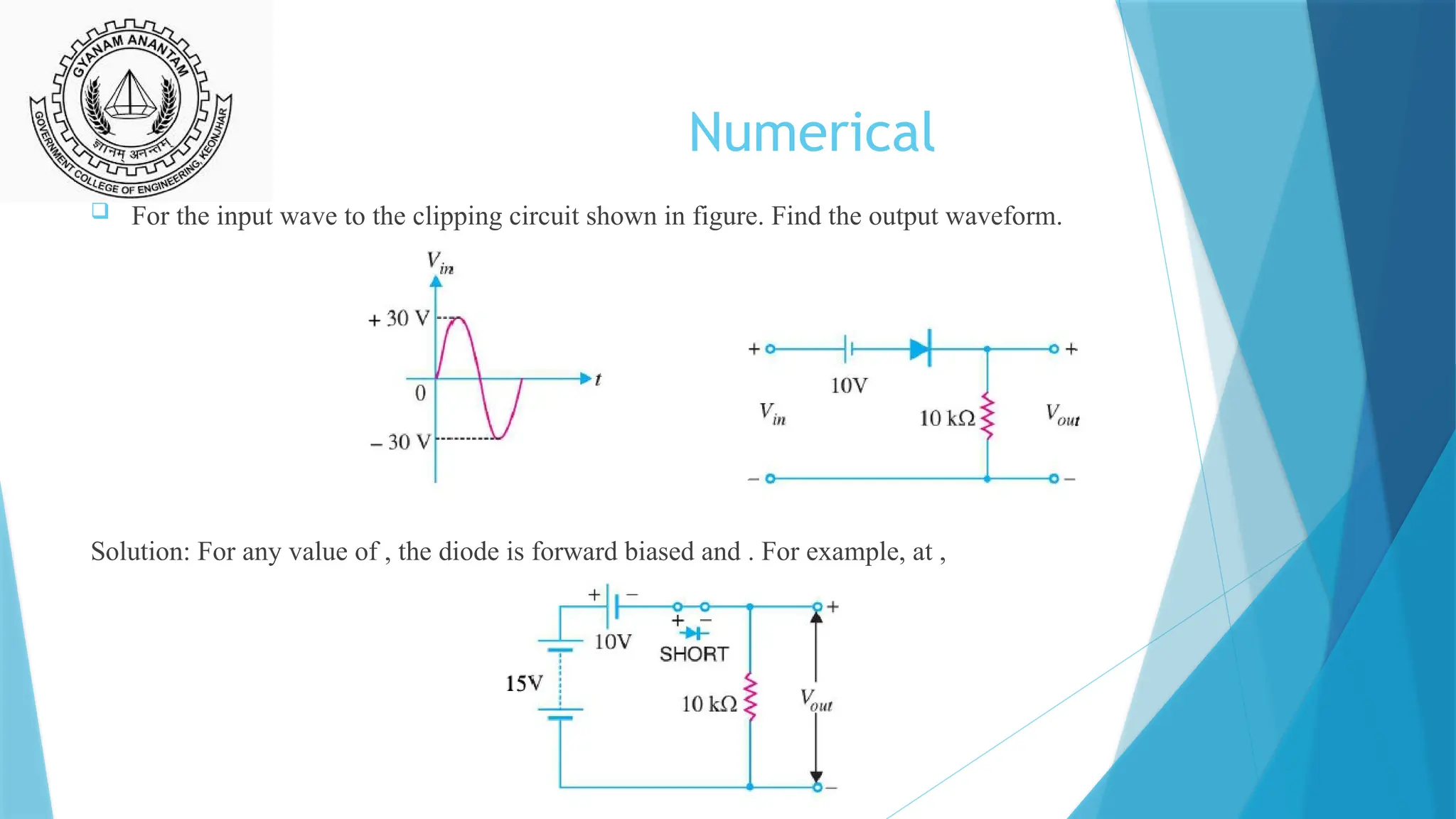 Numerical
 For the input wave to the clipping circuit shown in figure. Find the output waveform.
Solution: For any value of , the diode is forward biased and . For example, at ,
 