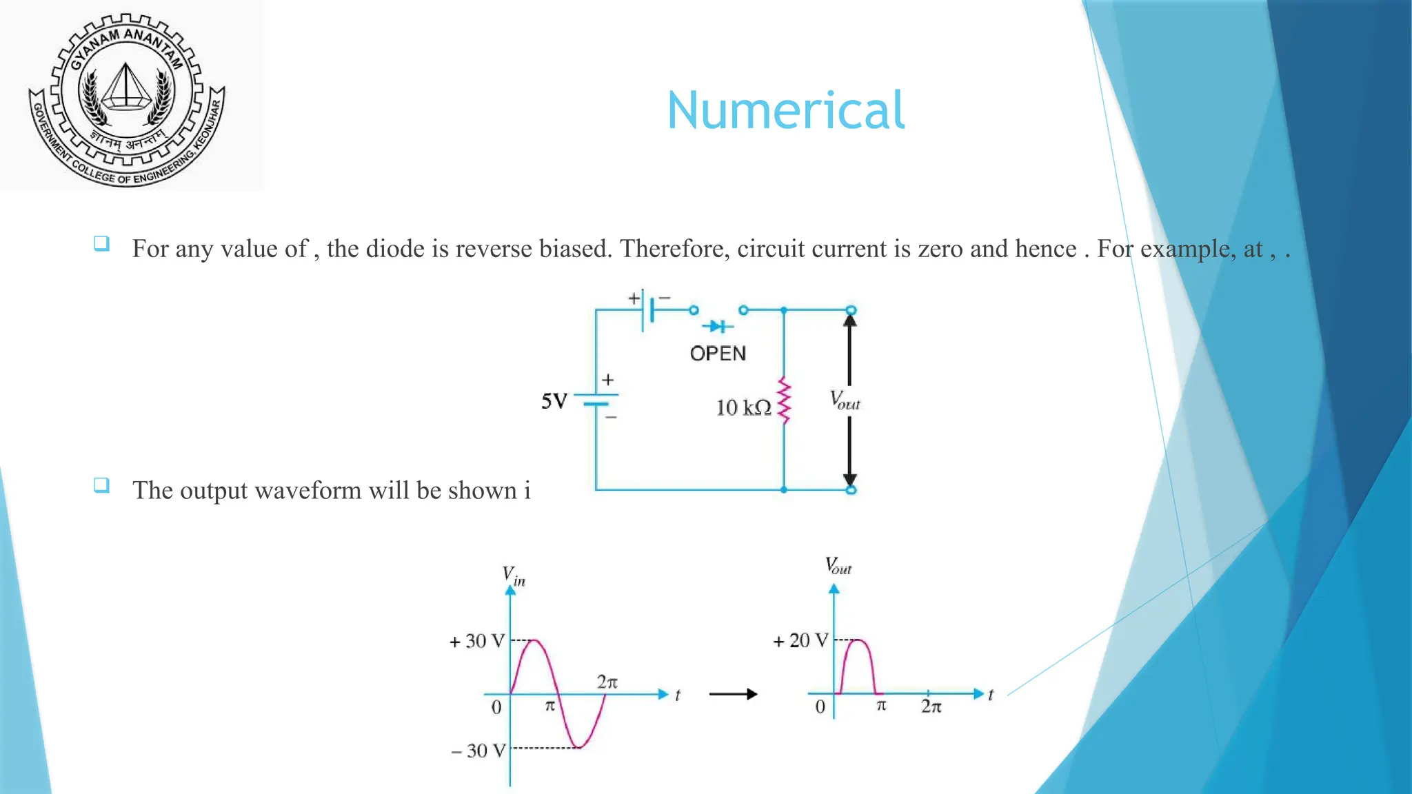Numerical
 For any value of , the diode is reverse biased. Therefore, circuit current is zero and hence . For example, at , .
 The output waveform will be shown in fig.
 
