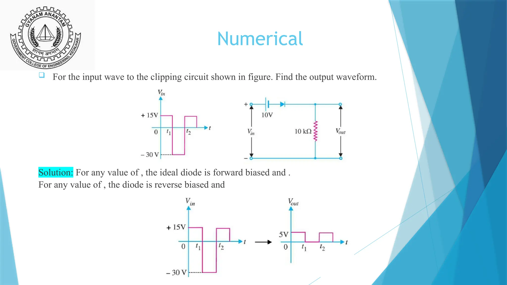Numerical
 For the input wave to the clipping circuit shown in figure. Find the output waveform.
Solution: For any value of , the ideal diode is forward biased and .
For any value of , the diode is reverse biased and
 