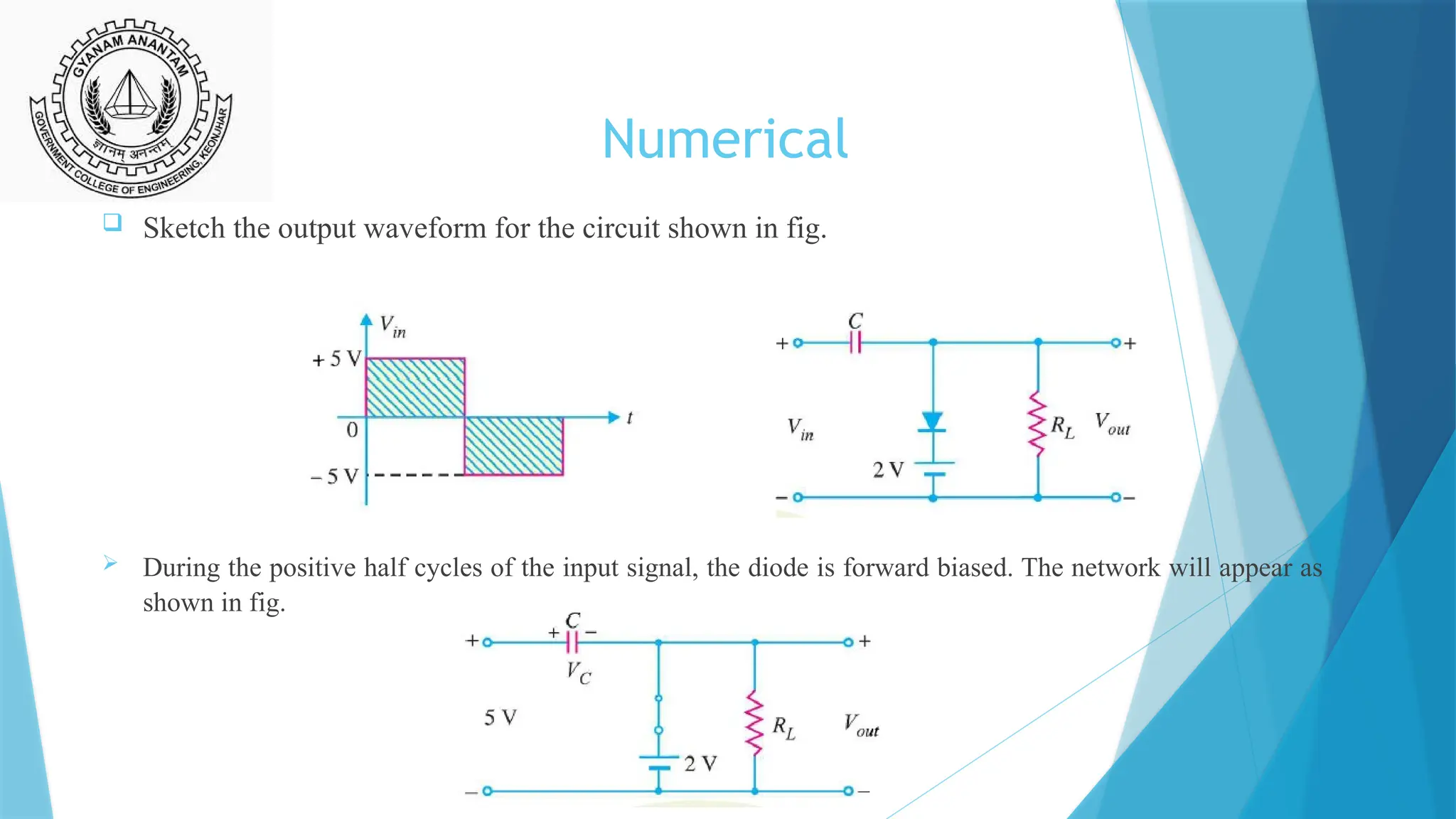 Numerical
 Sketch the output waveform for the circuit shown in fig.
 During the positive half cycles of the input signal, the diode is forward biased. The network will appear as
shown in fig.
 