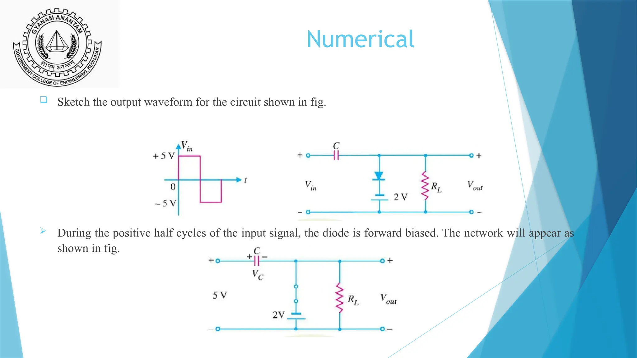 Numerical
 Sketch the output waveform for the circuit shown in fig.
 During the positive half cycles of the input signal, the diode is forward biased. The network will appear as
shown in fig.
 