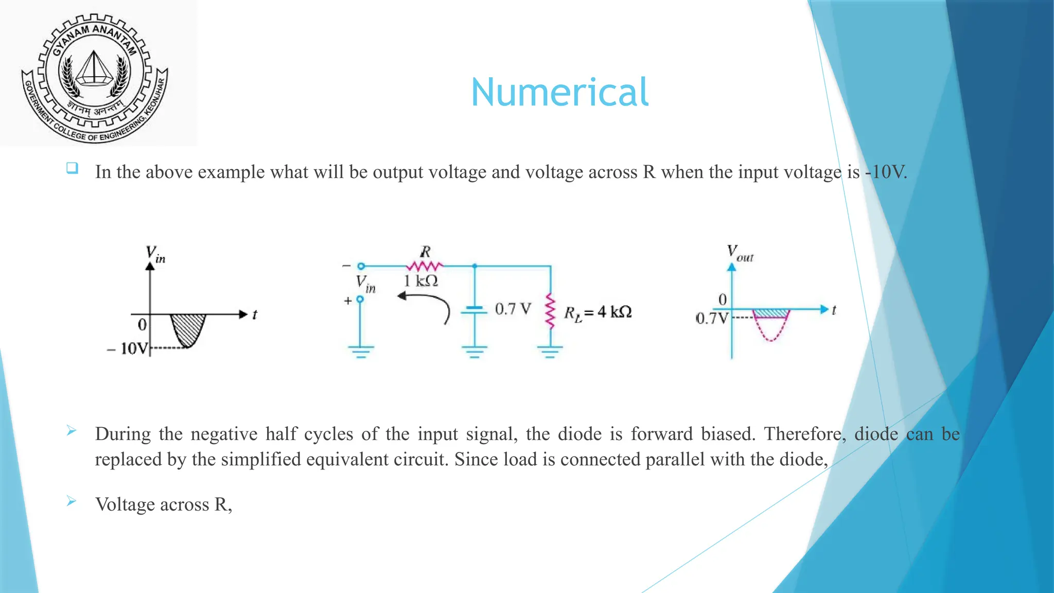 Numerical
 In the above example what will be output voltage and voltage across R when the input voltage is -10V.
 During the negative half cycles of the input signal, the diode is forward biased. Therefore, diode can be
replaced by the simplified equivalent circuit. Since load is connected parallel with the diode,
 Voltage across R,
 