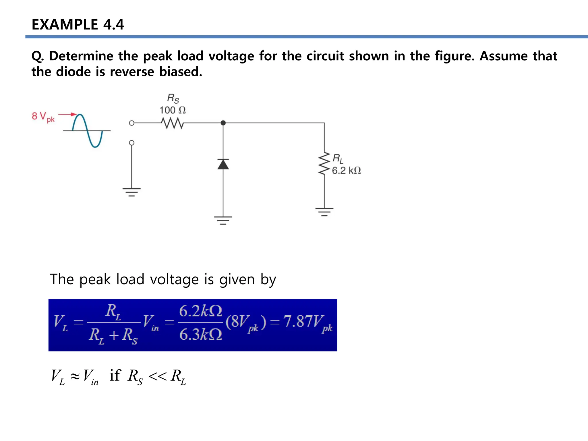 EXAMPLE 4.4
Q. Determine the peak load voltage for the circuit shown in the figure. Assume that
the diode is reverse biased.
The peak load voltage is given by
if
L in S L
V V R R
 
 