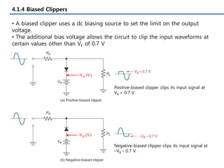 4.1.4 Biased Clippers
• A biased clipper uses a dc biasing source to set the limit on the output
voltage.
• The additional bias voltage allows the circuit to clip the input waveforms at
certain values other than VF of 0.7 V
+VB (V)
-VB (V)
Positive-biased clipper clips its input signal at
VB + 0.7 V.
Negative-biased clipper clips its input signal at
–VB – 0.7 V.
 