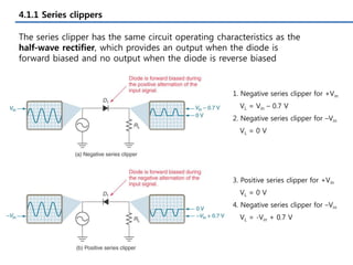 4.1.1 Series clippers
The series clipper has the same circuit operating characteristics as the
half-wave rectifier, which provides an output when the diode is
forward biased and no output when the diode is reverse biased
1. Negative series clipper for +Vin
VL = Vin – 0.7 V
2. Negative series clipper for –Vin
VL = 0 V
3. Positive series clipper for +Vin
VL = 0 V
4. Negative series clipper for –Vin
VL = -Vin + 0.7 V
 