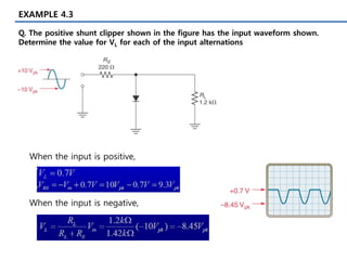 EXAMPLE 4.3
Q. The positive shunt clipper shown in the figure has the input waveform shown.
Determine the value for VL for each of the input alternations
When the input is positive,
When the input is negative,
 