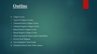 Outline
 Clipper Circuit.
 Types Of Clippers Circuits.
 Unbiased Positive Clipper Circuit.
 Unbiased Negative Clipper Circuit.
 Biased Positive Clipper Circuit.
 Biased Negative Clipper Circuit.
 Observing Input & Output signal Using Pspice.
 Given Circuit Diagram
 View Schematic Circuit Graph.
 Simulation Process from Video Capture.
 