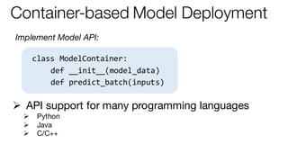 class ModelContainer:
def __init__(model_data)
def predict_batch(inputs)
Implement Model API:
Ø API support for many progr...