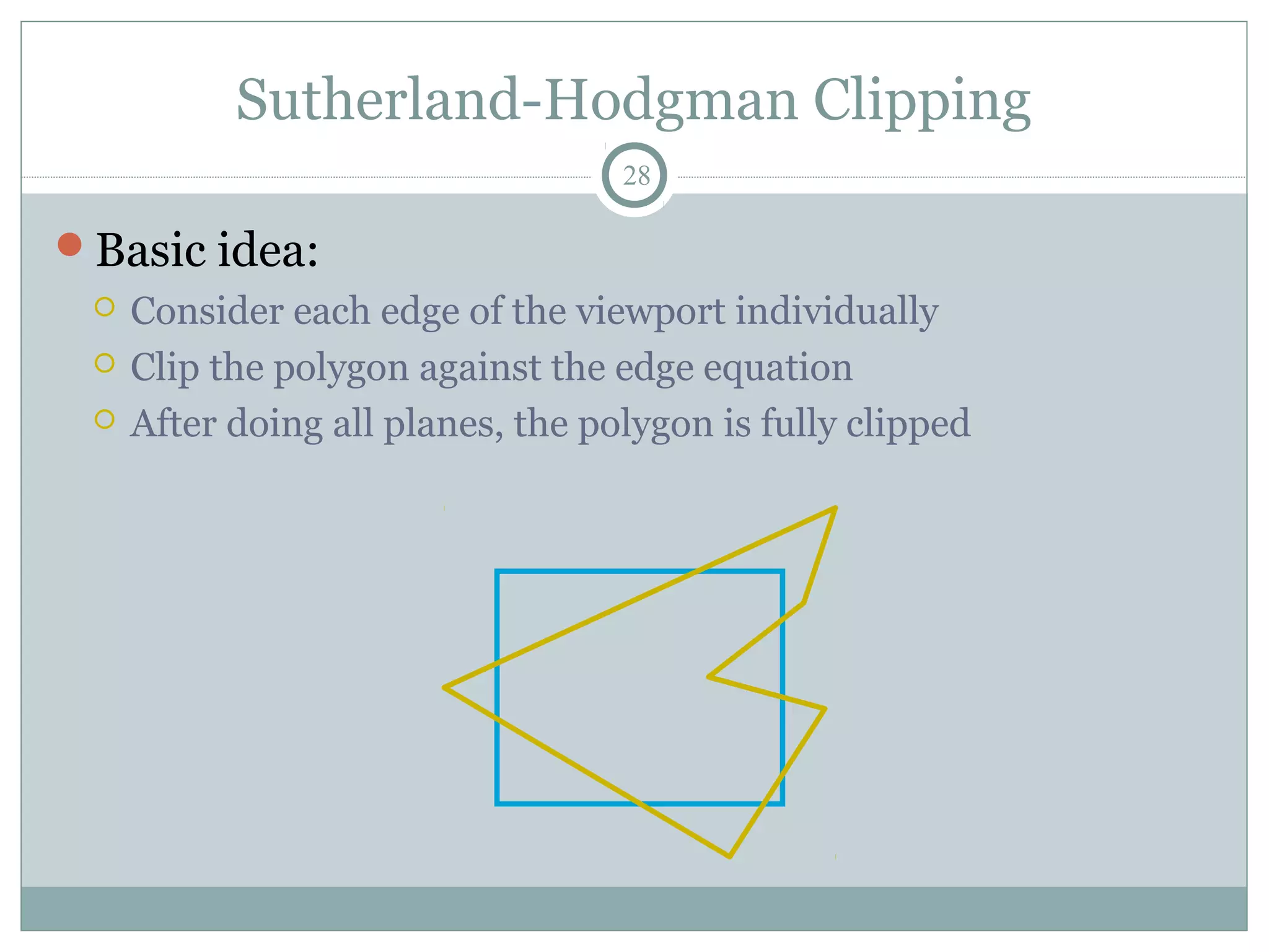 Sutherland-Hodgman Clipping
28
Basic idea:
 Consider each edge of the viewport individually
 Clip the polygon against the edge equation
 After doing all planes, the polygon is fully clipped
 