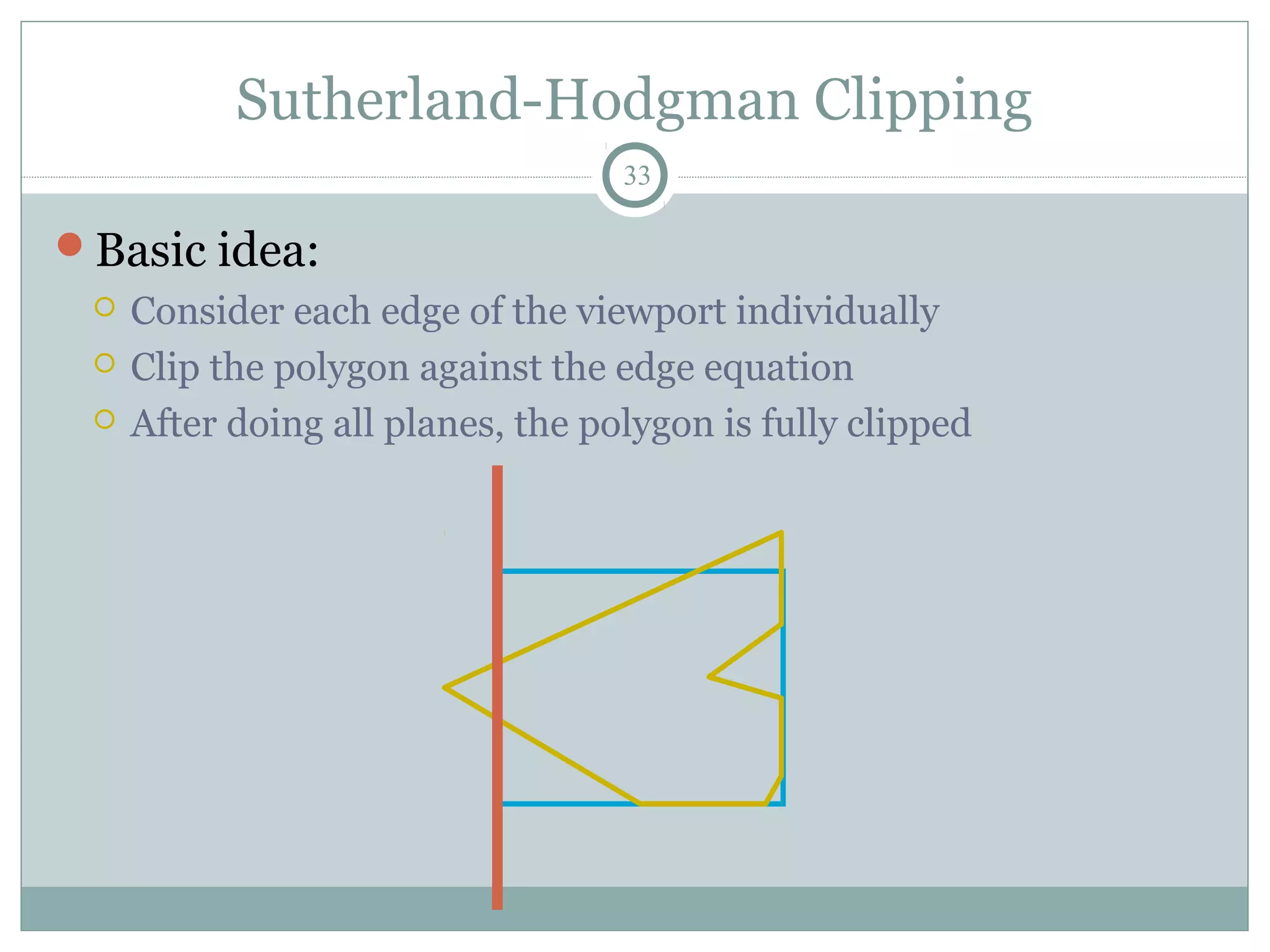 Sutherland-Hodgman Clipping
33
Basic idea:
 Consider each edge of the viewport individually
 Clip the polygon against the edge equation
 After doing all planes, the polygon is fully clipped
 