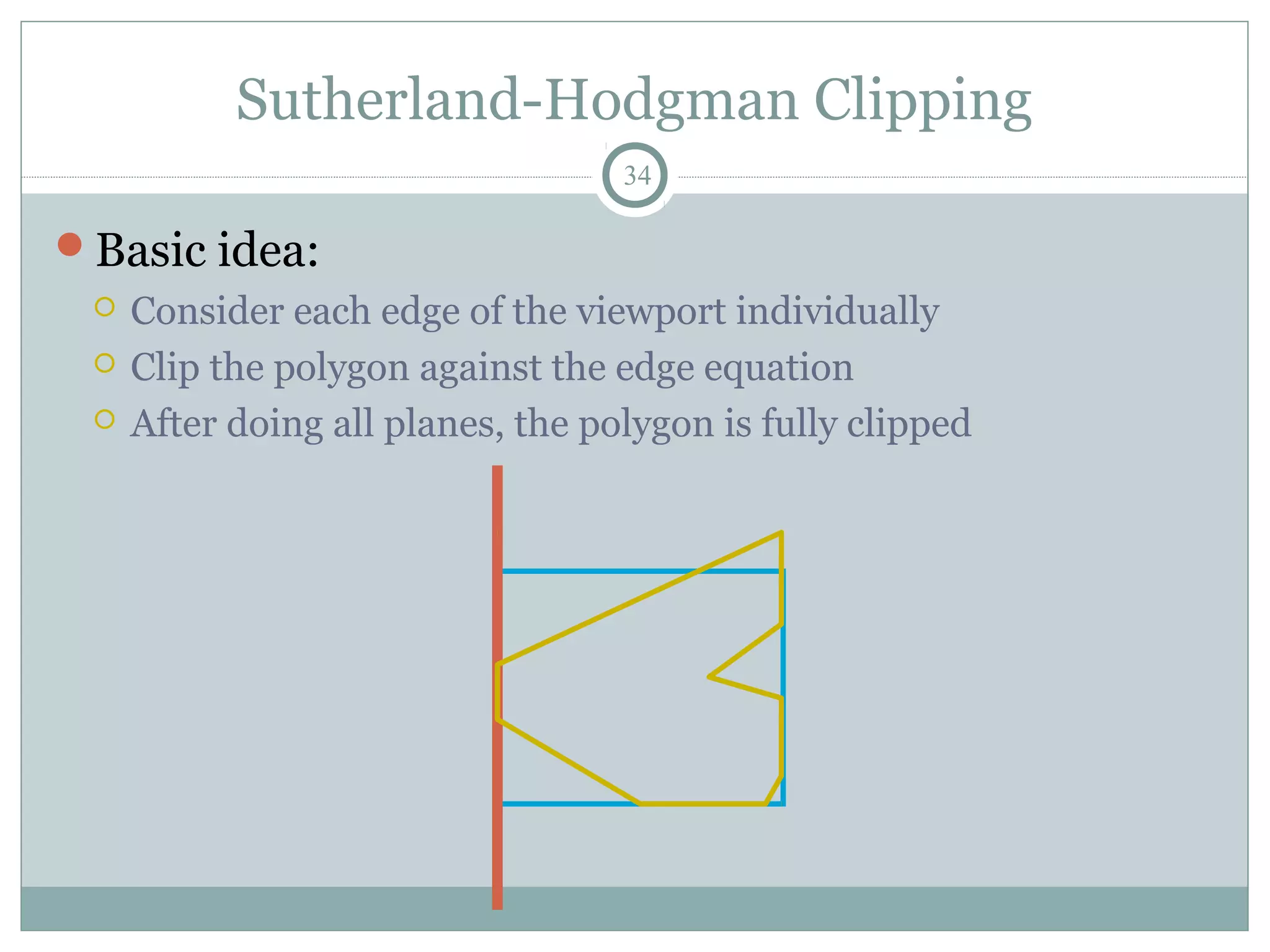 Sutherland-Hodgman Clipping
34
Basic idea:
 Consider each edge of the viewport individually
 Clip the polygon against the edge equation
 After doing all planes, the polygon is fully clipped
 