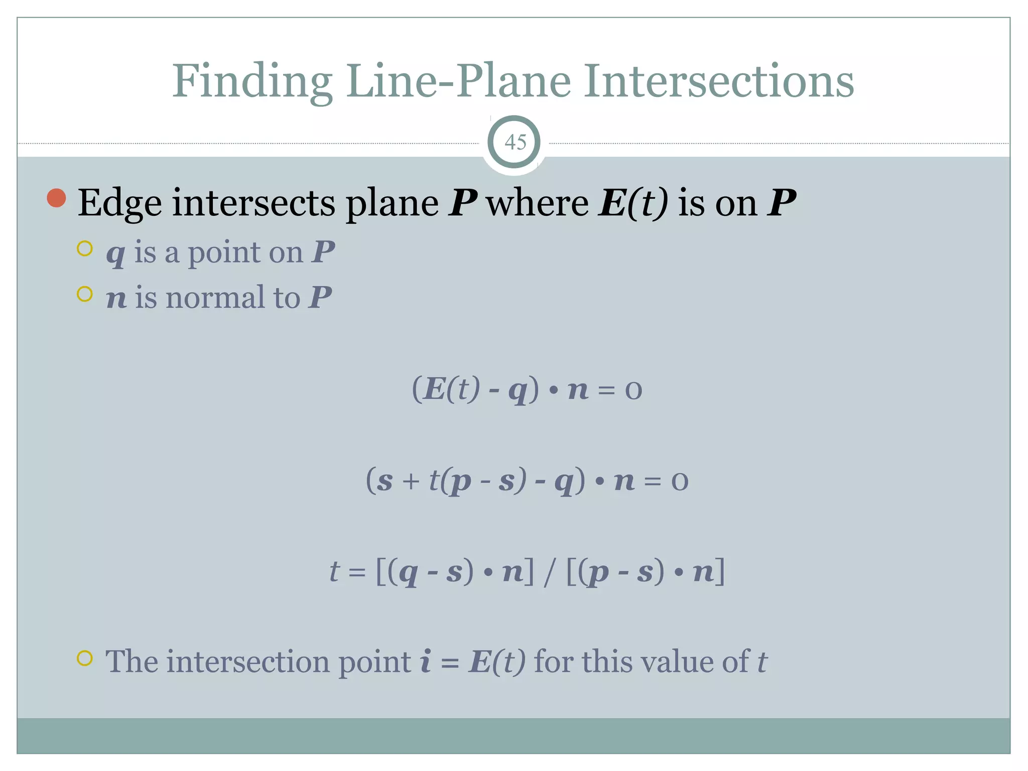 Finding Line-Plane Intersections
45
Edge intersects plane P where E(t) is on P
 q is a point on P
 n is normal to P
(E(t) - q) • n = 0
(s + t(p - s) - q) • n = 0
t = [(q - s) • n] / [(p - s) • n]
 The intersection point i = E(t) for this value of t
 