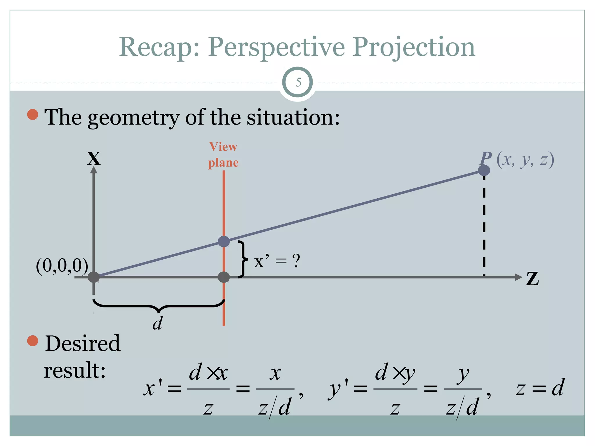 Recap: Perspective Projection
5
The geometry of the situation:
Desired
result:
P (x, y, z)X
Z
View
plane
d
(0,0,0) x’ = ?
' , ' ,
d x x d y y
x y z d
z z d z z d
× ×
= = = = =
 