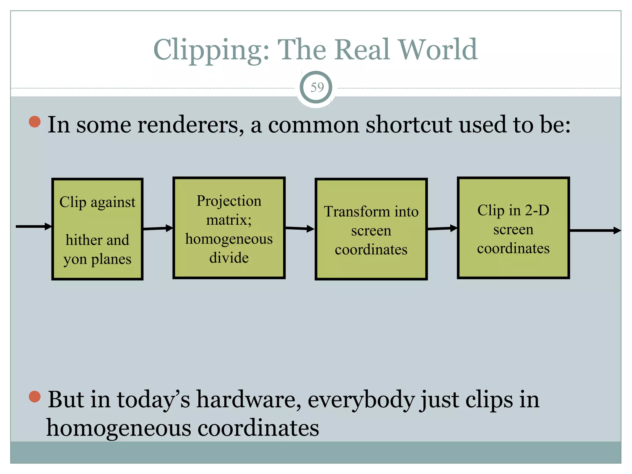 Clipping: The Real World
59
In some renderers, a common shortcut used to be:
But in today’s hardware, everybody just clips in
homogeneous coordinates
Projection
matrix;
homogeneous
divide
Clip in 2-D
screen
coordinates
Clip against
hither and
yon planes
Transform into
screen
coordinates
 