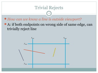 Trivial Rejects
15
How can we know a line is outside viewport?
A: if both endpoints on wrong side of same edge, can
trivially reject line
xmin xmax
ymax
ymin
 