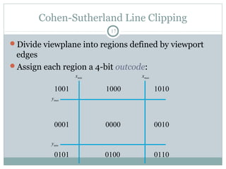 Cohen-Sutherland Line Clipping
17
Divide viewplane into regions defined by viewport
edges
Assign each region a 4-bit outcode:
0000 00100001
1001
0101 0100
1000 1010
0110
xmin xmax
ymax
ymin
 