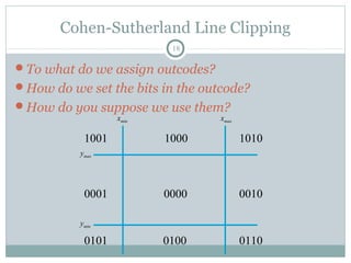 Cohen-Sutherland Line Clipping
18
To what do we assign outcodes?
How do we set the bits in the outcode?
How do you suppose we use them?
xmin xmax
0000 00100001
1001
0101 0100
1000 1010
0110
ymax
ymin
 