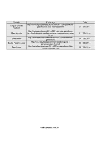 Veículo Endereço Data
Língua Grande
Cultural
http://www.linguagrandecultural.com/2014/01/garanhuns-
jazz-festival-abre-inscricoes.html 31 / 01 / 2014
Mais Agreste
http://maisagreste.com/2014/02/21/agreste-garanhuns-
jazz-festival-confirma-algumas-atracoes-para-o-carnaval-
2014/
21 / 02 / 2014
Erika Breno
http://www.erikabreno.com.br/04032014-arturmenezes-
garanhuns/
04 / 03 / 2014
Saullo Paes Eventos
http://www.saullopaes.com/convocatoria-para-o-
garanhuns-jazz-festival/
03 / 03 / 2014
Bom Lazer
http://www.bomlazer.com/2014/03/em-garanhuns-folia-
com-jazz-no-seu.html
02 / 03 / 2014
verbo@verbo.com.br
 
