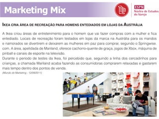 Marketing Mix
ikEa cria árEa dE rEcrEação para homEns EntEdiados Em lojas da austrália
A Ikea criou áreas de entretenimento para o homem que vai fazer compras com a mulher e fica
entediado. Locais de recreação foram testados em lojas da marca na Austrália para os maridos
e namorados se divertirem e deixarem as mulheres em paz para comprar, segundo o Springwise.
com. A área, apelidada de Manland, oferece cachorro-quente de graça, jogos de Xbox, máquina de
pinball e canais de esporte na televisão.
Durante o período de testes da Ikea, foi percebido que, seguindo a linha dos cercadinhos para
crianças, a chamada Manland acaba fazendo as consumidoras comprarem relaxadas e gastarem
mais tempo dentro dos pontos de venda.
(Mundo do Marketing - 12/09/2011)
 