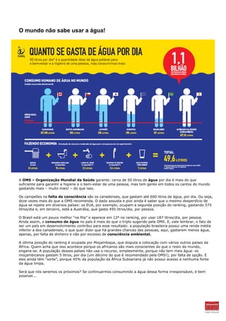 O mundo não sabe usar a água!




A OMS – Organização Mundial da Saúde garante: cerca de 50 litros de água por dia é mais do que
suficiente para garantir a higiene e o bem-estar de uma pessoa, mas tem gente em todos os cantos do mundo
gastando mais – muito mais! – do que isso.

Os campeões na falta de consciência são os canadenses, que gastam até 600 litros de água, por dia. Ou seja,
doze vezes mais do que a OMS recomenda. O dado assusta e pior ainda é saber que o mesmo desperdício de
água se repete em diversos países: os EUA, por exemplo, ocupam a segunda posição do ranking, gastando 575
litros/dia e, em terceiro, está a Austrália, que gasta 495 litros/dia, por pessoa.

O Brasil está um pouco melhor “na fita” e aparece em 12º no ranking, por usar 187 litros/dia, por pessoa.
Ainda assim, o consumo de água no país é mais do que o triplo sugerido pela OMS. E, vale lembrar, o fato de
ser um país em desenvolvimento contribui para esse resultado: a população brasileira possui uma renda média
inferior a dos canadenses, o que quer dizer que há grandes chances das pessoas, aqui, gastarem menos água,
apenas, por falta de dinheiro e não por excesso de consciência ambiental.

A última posição do ranking é ocupada por Moçambique, que disputa a colocação com vários outros países da
África. Quem acha que isso acontece porque os africanos são mais conscientes do que o resto do mundo,
engana-se. A população desses países não usa o recurso, simplesmente, porque não tem mais água: os
moçambicanos gastam 5 litros, por dia (um décimo do que é recomendado pela OMS!), por falta de opção. E
eles ainda têm “sorte”, porque 45% da população da África Subsariana já não possui acesso a nenhuma fonte
da água limpa.

Será que nós seremos os próximos? Se continuarmos consumindo a água dessa forma irresponsável, é bem
possível...
 