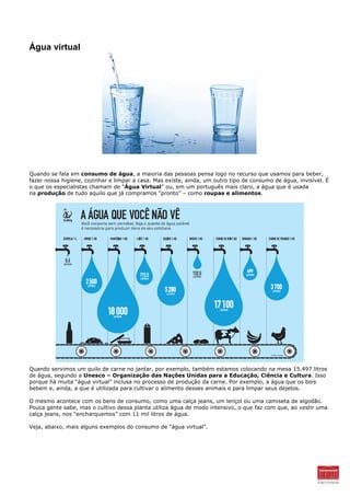 Água virtual




Quando se fala em consumo de água, a maioria das pessoas pensa logo no recurso que usamos para beber,
fazer nossa higiene, cozinhar e limpar a casa. Mas existe, ainda, um outro tipo de consumo de água, invisível. É
o que os especialistas chamam de “Água Virtual” ou, em um português mais claro, a água que é usada
na produção de tudo aquilo que já compramos “pronto” – como roupas e alimentos.




Quando servimos um quilo de carne no jantar, por exemplo, também estamos colocando na mesa 15.497 litros
de água, segundo a Unesco – Organização das Nações Unidas para a Educação, Ciência e Cultura. Isso
porque há muita “água virtual” inclusa no processo de produção da carne. Por exemplo, a água que os bois
bebem e, ainda, a que é utilizada para cultivar o alimento desses animais e para limpar seus dejetos.

O mesmo acontece com os bens de consumo, como uma calça jeans, um lençol ou uma camiseta de algodão.
Pouca gente sabe, mas o cultivo dessa planta utiliza água de modo intensivo, o que faz com que, ao vestir uma
calça jeans, nos “encharquemos” com 11 mil litros de água.

Veja, abaixo, mais alguns exemplos do consumo de “água virtual”.
 