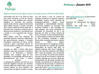 Notícias  – Janeiro 2012 Agência Nacional de Águas abre inscrições para o Prêmio ANA 2012 