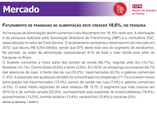 Mercado
fAturAmento de frAnquiAs de AlimentAção deve crescer 18,6%, diz PesquisA
As franquias de alimentação devem aumentar o seu faturamento em 18, 6% neste ano. A informação
é da pesquisa realizada pela Associação Brasileira de Franchinsing (ABF) e a consultoria EDC,
especializada no setor de Food Service. O levantamento apresenta o desempenho do mercado em
2010, que faturou R$ 9,254 bilhões, sendo que 57% deste total veio do segmento de sanduíches.
No período, as redes de alimentação representaram 61% de todo o valor obtido pelo setor de
franquias no Brasil.
O Sudeste concentra a maior parte dos pontos de venda (65,7%), seguido pelo Sul (10,7%),
Nordeste (10,1%), Centro-Oeste (9,6%) e Norte (3,8%). Em 2010, os shoppings acumularam 64,7%
das aberturas de lojas, à frente das de rua (24,2%), hipermercados (6,2%) e galerias comerciais
(1,4%). A expansão dos quiosques também foi concentrada nos shoppings (71,7%) e tiveram menor
participação nos hipermercados (13,4%), pontos de venda nas ruas (7,8%) e galerias comerciais
(4,5%). O ticket médio registrado do setor totalizou R$ 13,70. O segmento que mais cresceu em
2010 foi o de comida variada (23,3%), acompanhado pela expansão de snack/cafeterias (18,9%),
pizzas/massas (13,5%), comida asiática (13,4%), sanduíches (10,8%) e docerias (5%).
(Mundo do Marketing – 26/08/11)
 