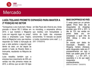 Mercado
LUIZA TRAJANO PROMETE EXPANSÃO PARA MANTER A                                      MAIS SHOPPINGS NO PAÍS
2ª POSIÇÃO NO SETOR                                                               O varejo passa por um período
                                                                                  agitado. Prova disso são as
"Começamos o ano muito bem. Nossa        em São Paulo até o final do ano. Ainda   inaugurações de shoppings
previsão é faturar R$ 5 bilhões em       no microblog, a empresária afirmou       previstas para 2010 e 2011. A
2010, o que manterá o Magazine           que recebeu com tranquilidade a          alta de 12% nas vendas em
Luiza em segundo lugar no varejo",       notícia da fusão das empresas            janeiro    deste    ano,   em
disse a empresária Luiza Trajano,        concorrentes. "O mercado vai assistir    comparação a igual mês de
                                                                                  2009, reforça o clima de
dona do Magazine Luiza, que resolveu     a muitos movimentos como este". (...)    otimismo.
responder via Twitter à insinuação de    (DCI - 31/03/2010)
                                                                                  De acordo com dados da
que a rede perderia o segundo lugar                                               Associação      Brasileira  de
dentro do setor, um dia depois de                                                 Shopping Centers (Abrasce),
assistir à fusão de Ricardo Eletro e                                              serão inaugurados neste ano 21
Insinuante, resultando na Máquina de                                              empreendimentos em todo o
Vendas.                                                                           Brasil, que podem gerar 53 mil
Luiza ressaltou também que a                                                      empregos. (...) Em 2011, a
                                                                                  expectativa é a de que sejam
empresa teve crescimento de 35% em
                                                                                  inaugurados                 17
vendas nos três primeiros meses de                                                empreendimentos.
2010, e afirmou que vai abrir 30 lojas                                            (Diário do Comércio – 23/03/2010)
 