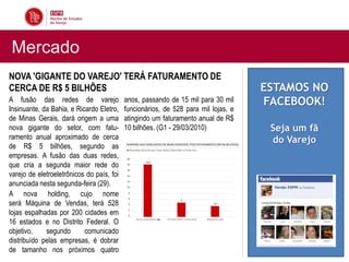 Mercado
NOVA 'GIGANTE DO VAREJO' TERÁ FATURAMENTO DE
CERCA DE R$ 5 BILHÕES                                                               ESTAMOS NO
A fusão das redes de varejo                anos, passando de 15 mil para 30 mil     FACEBOOK!
Insinuante, da Bahia, e Ricardo Eletro,    funcionários, de 528 para mil lojas, e
de Minas Gerais, dará origem a uma         atingindo um faturamento anual de R$
nova gigante do setor, com fatu-           10 bilhões. (G1 - 29/03/2010)             Seja um fã
ramento anual aproximado de cerca                                                    do Varejo
de R$ 5 bilhões, segundo as
empresas. A fusão das duas redes,
que cria a segunda maior rede do
varejo de eletroeletrônicos do país, foi
anunciada nesta segunda-feira (29).
A nova holding, cujo nome
será Máquina de Vendas, terá 528
lojas espalhadas por 200 cidades em
16 estados e no Distrito Federal. O
objetivo,    segundo       comunicado
distribuído pelas empresas, é dobrar
de tamanho nos próximos quatro
 