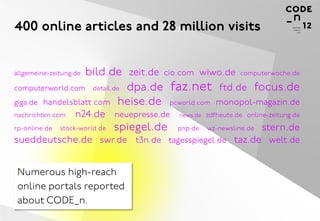 400 online articles and 28 million visits


                  bild.de zeit.de cio.com wiwo.de computerwoche.de
allgemeine-zeitung.de

computerworld.com detail.de dpa.de faz.net ftd.de focus.de
giga.de handelsblatt.com heise.de pcworld.com monopol-magazin.de
nachrichten.com    n24.de neuepresse.de      news.de zdfheute.de online-zeitung.de

rp-online.de   stock-world.de   spiegel.de   pnp.de   wz-newsline.de   stern.de
sueddeutsche.de swr.de t3n.de tagesspiegel.de taz.de welt.de


 Numerous high-reach
 online portals reported
 about CODE_n.
 